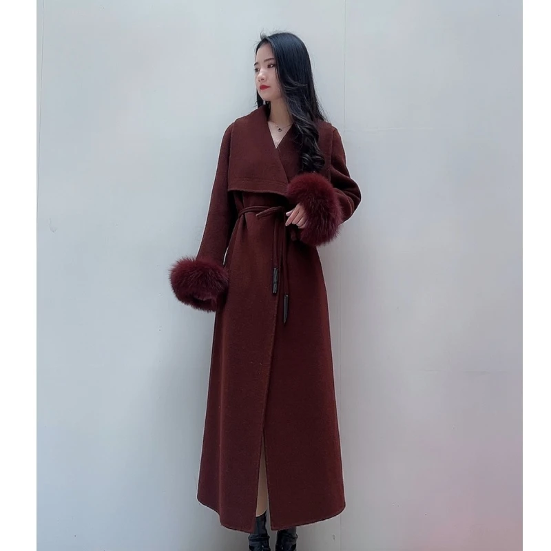 【华丽典雅】高级感双面羊绒大衣氛围感狐狸毛袖显瘦气质双面呢外套