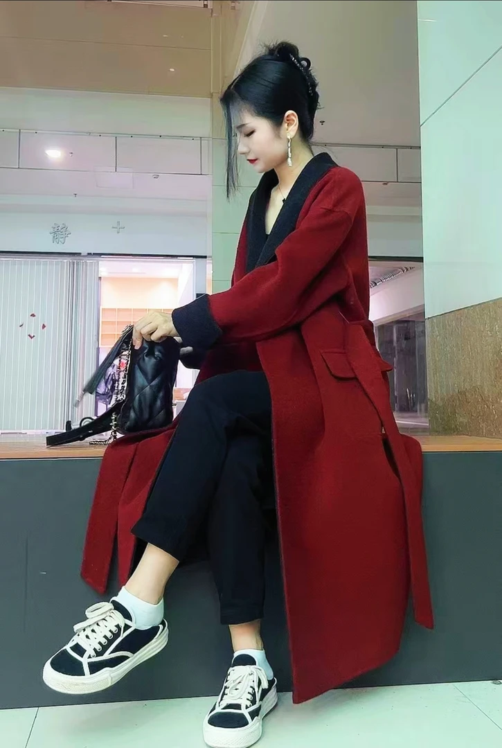 高端色系黑红双色双面穿长款羊毛百搭气质显白通勤双面呢大衣
