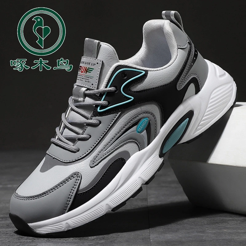 正版啄木鸟2025新款男鞋运动鞋秋季新款透气皮面鞋软底轻便跑步鞋