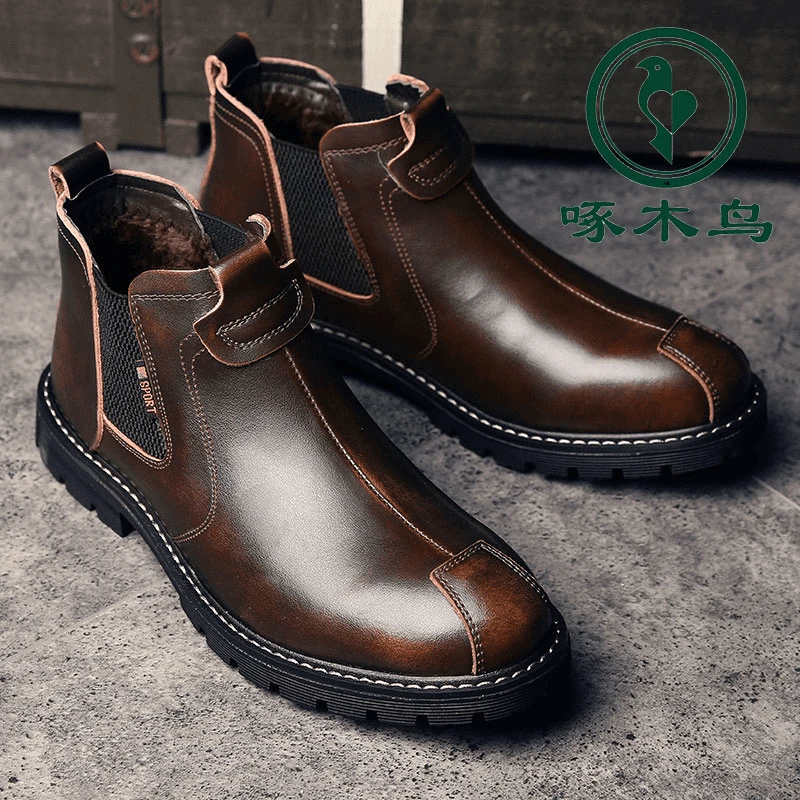 啄木鸟冬季加绒保暖马丁靴厚底工装鞋时尚中帮靴子擦色复古男靴