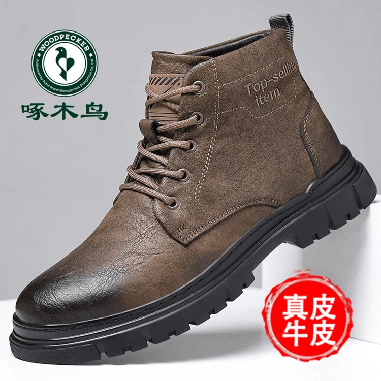 啄木鸟男鞋真皮冬季加绒保暖高帮棉鞋男士潮流百搭工装马丁靴防滑