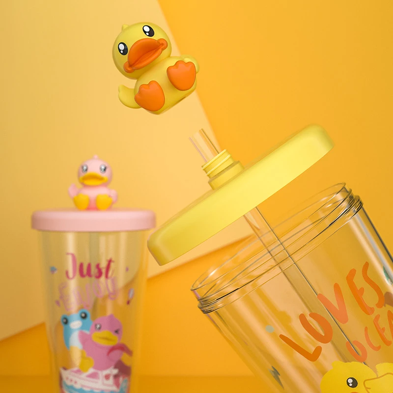 B.Duck小黄鸭儿童可爱公仔吸管学生水杯380ml黄/粉两色可选 KP38B