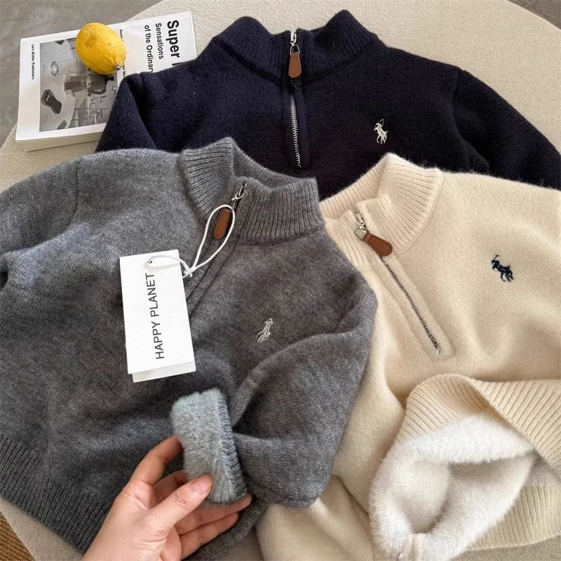 男女童冬季加绒加厚保暖针织衫儿童韩版拉链毛衣爆款时尚潮流打底