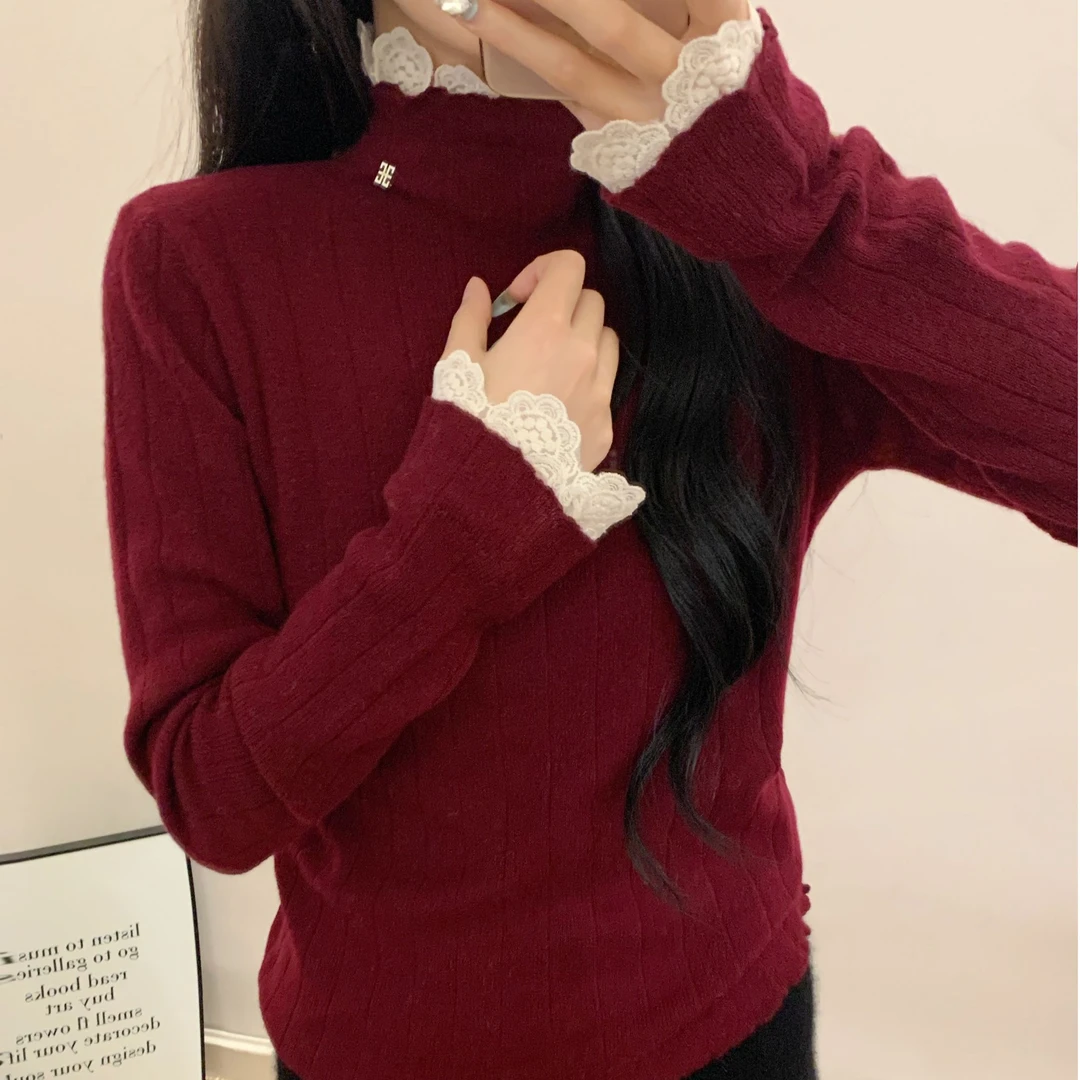 法式不规则蕾丝拼接打底衫女秋冬2024新款修身内搭毛衣针织衫上衣