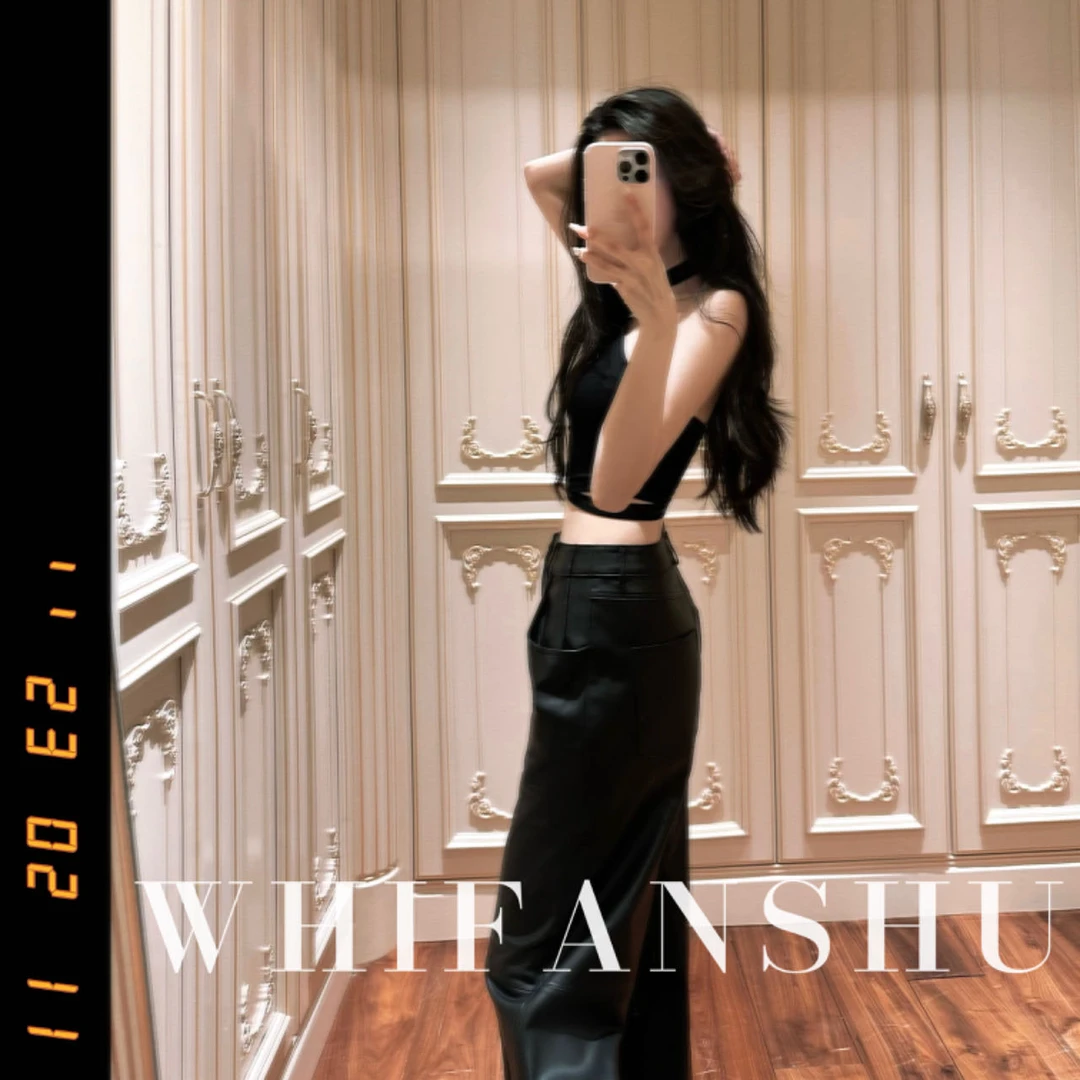 WEIFANSHU/魏凡舒【时尚博主】皮裤羊皮黑色中腰直筒裤修身设计长裤