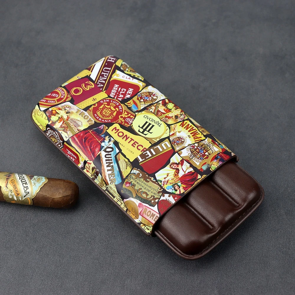 创意时尚雪茄皮套雪茄保护套出差旅行标图案雪茄盒配锋利雪茄剪刀