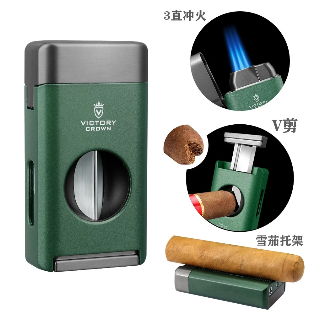 三合一雪茄V剪打火机雪茄托多功能一体雪茄剪刀型便携式雪茄专用