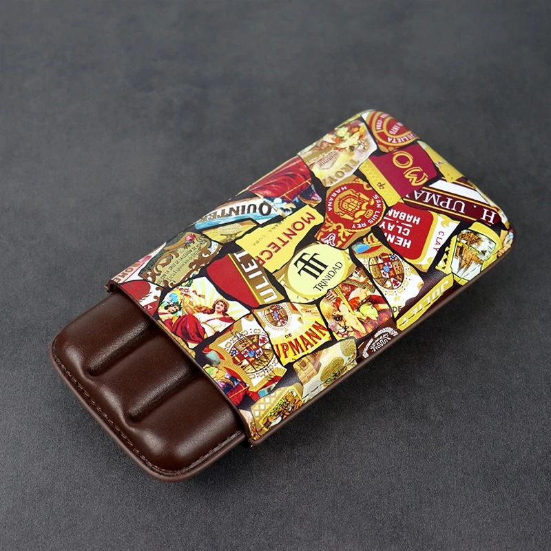 创意时尚雪茄皮套雪茄保护套出差旅行标图案雪茄盒配锋利雪茄剪刀