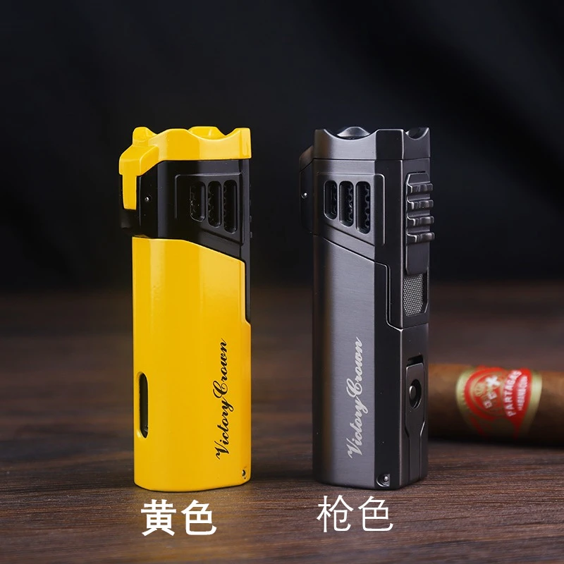 合金雪茄打火机烟具防风直冲多功能便携点烟器雪茄托蓝焰火力