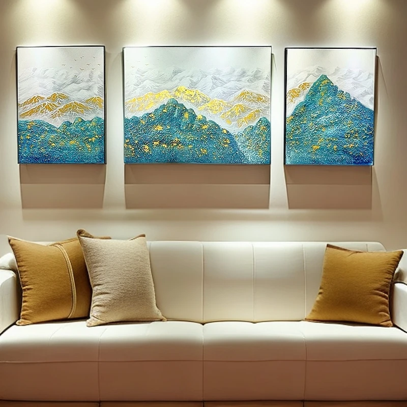 【孔雀蓝金山】纯手绘油画沙发背景三联油画装饰画挂画装饰画