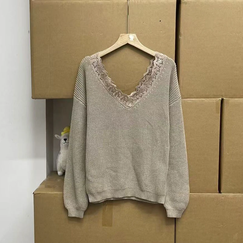 秋冬新款蕾丝领织针衫V领长袖毛衣