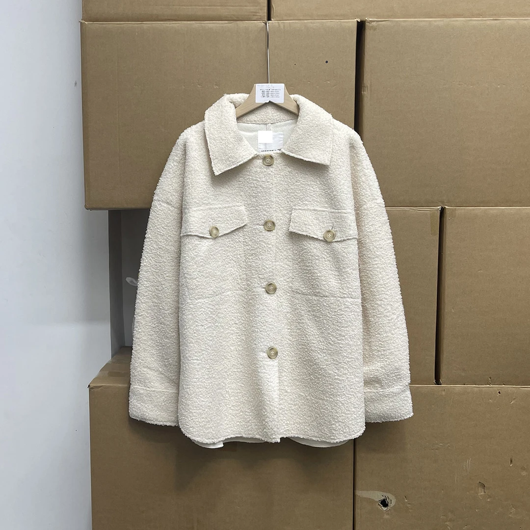 西班牙单！！翻领单排扣Y羔绒保暖宽松衬衫外套 秋款上衣女