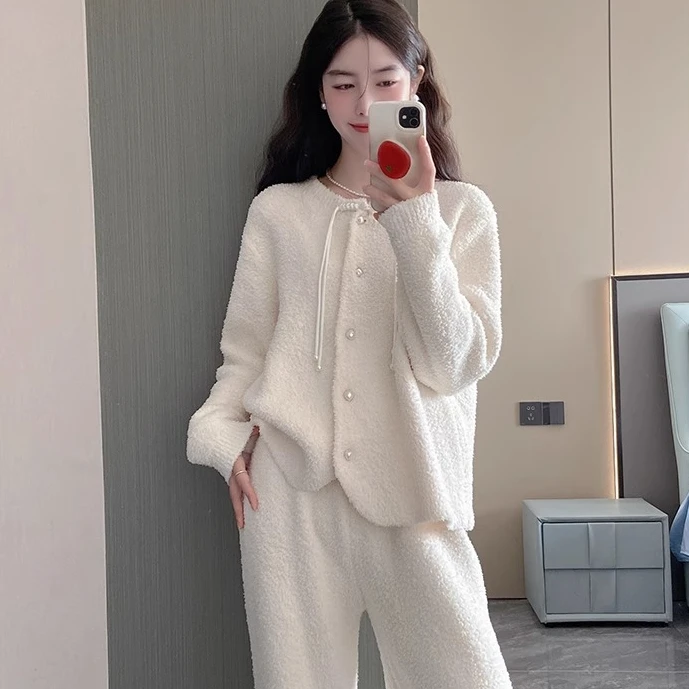 爆款新中式国风半边绒睡衣女秋冬季加绒加厚保暖珊瑚绒家居服套装