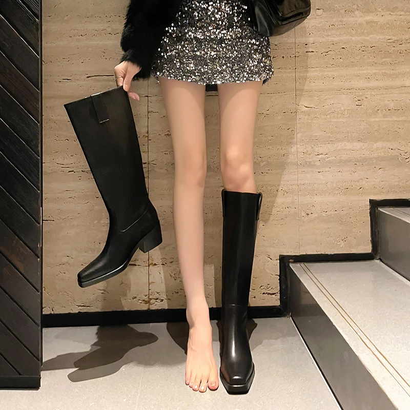 3237-1/5厘米牛皮时装靴粗跟高筒靴百搭骑士黑色长筒