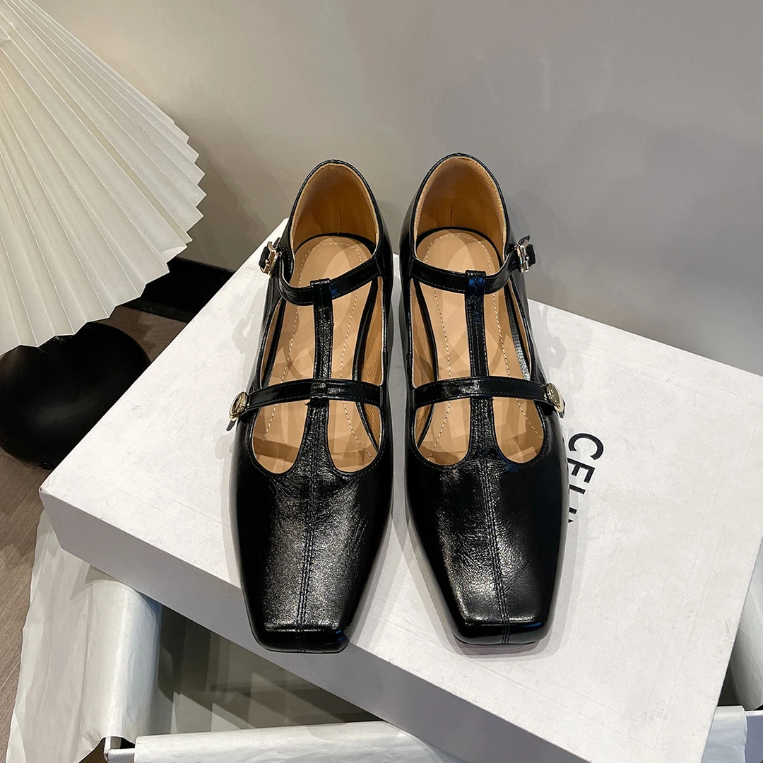 2255/4厘米牛皮方头单鞋方头丁字式扣带浅口女鞋乐福鞋