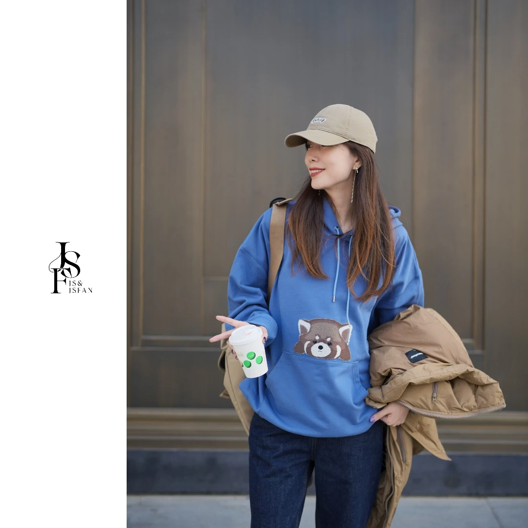 JS&JSFAN遮臀显瘦宽松百搭小熊猫连帽抽绳慵懒风长款长袖百搭卫衣