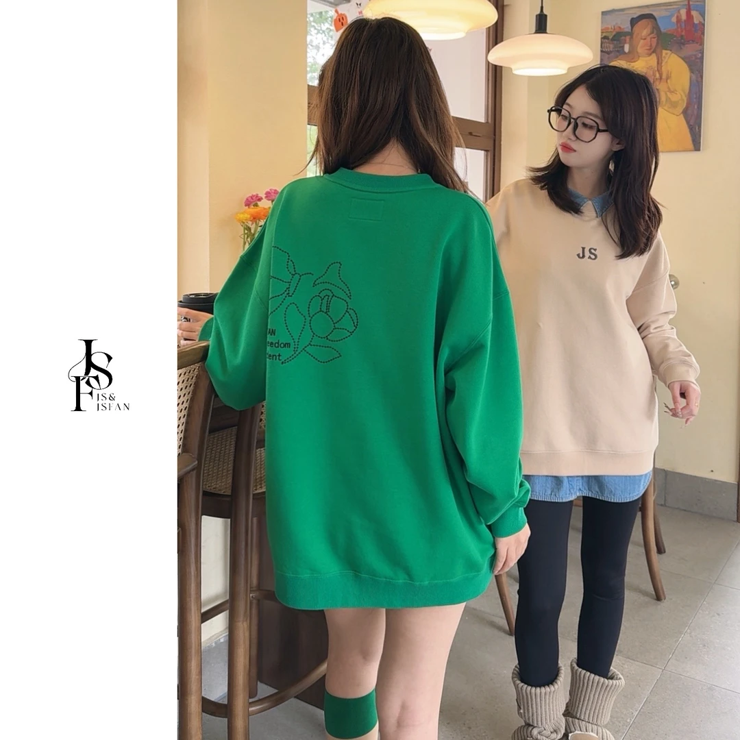 JS&JSFAN刺绣字母蝴蝶圆领套头宽松遮臀长袖休闲情侣连帽春秋百搭