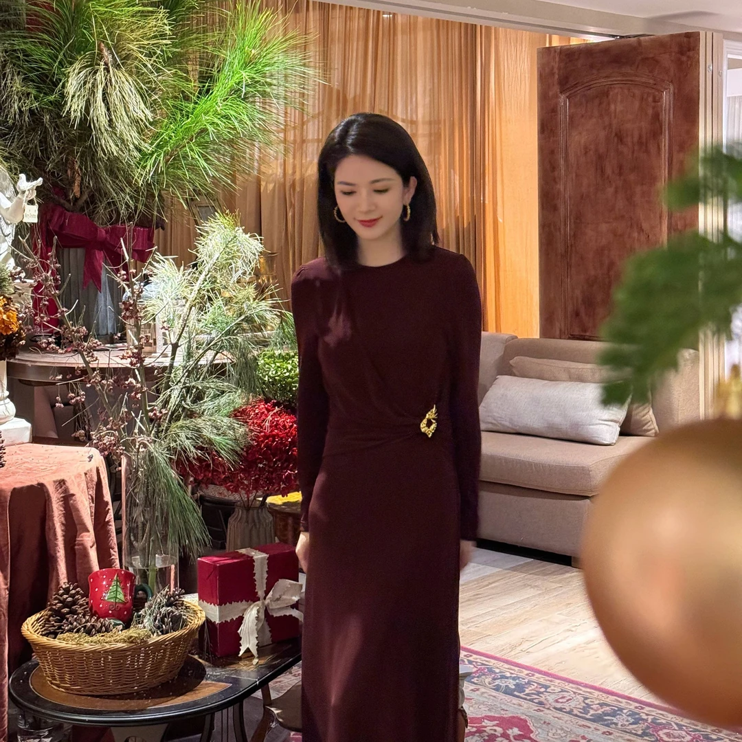 ANGELIAORIGINAL罗曼蒂克 醋酸圆领金属扣秋冬新款显瘦连衣裙#118