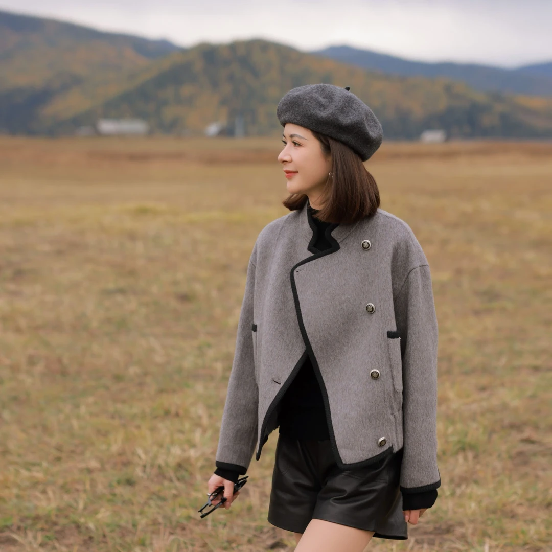 ANGELIAORIGINAL羊毛骆驼绒25年秋冬时尚短款双面毛呢外套#346