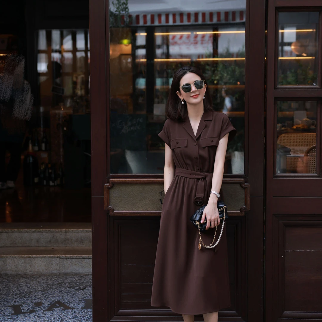 ANGELIAORIGINAL法式慵懒 醋酸25年夏新款西装领系腰带连衣裙#606