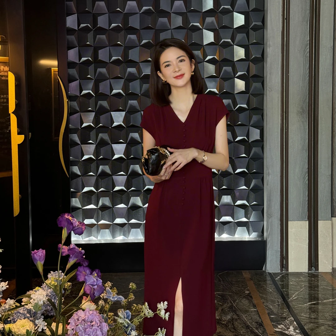 ANGELIAORIGINAL温莎红酒 醋酸V领通勤显瘦气质落肩袖连衣裙#584