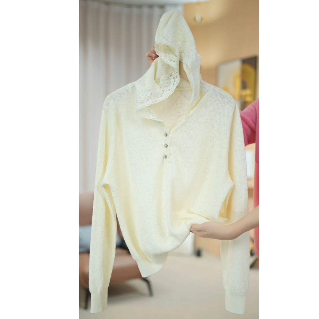 秋冬新款蕾丝羊毛连帽针织百搭长袖打底帽衫