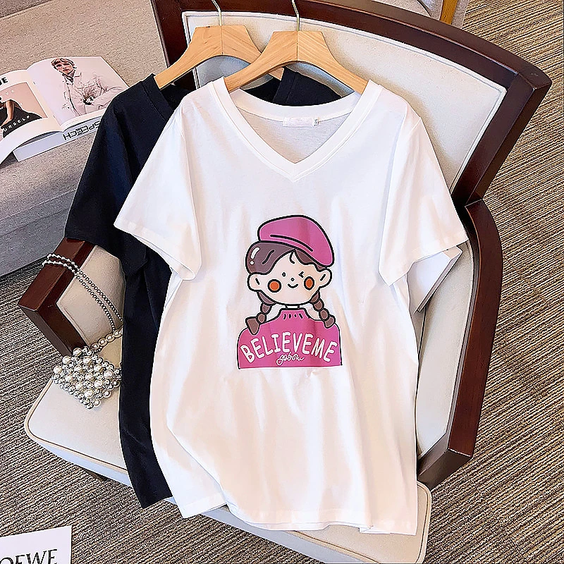 6339微胖女生时尚上衣2024新款夏季V领加肥230斤宽松遮肉短袖T恤