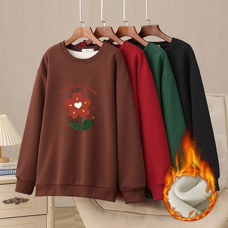 3376胖MM冬季新款2024烫画加绒上衣230斤大码女装宽松显瘦卫衣女