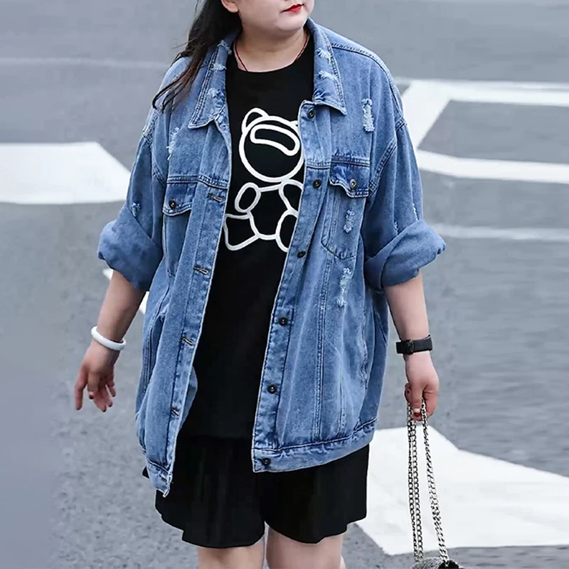 60415胖mm250斤大码女装2024春秋季新款破洞牛仔外套宽松长袖上衣