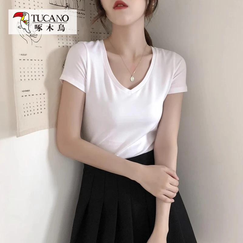 啄木鸟JS夏新款短袖女显瘦t恤修身V领百搭纯色上衣紧身半袖打底