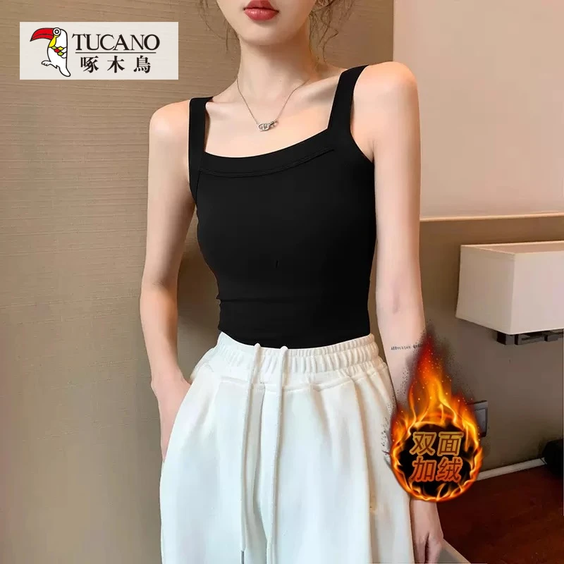 啄木鸟JS双面德绒吊带背心内穿秋加绒加厚发热修身内搭打底衫上衣