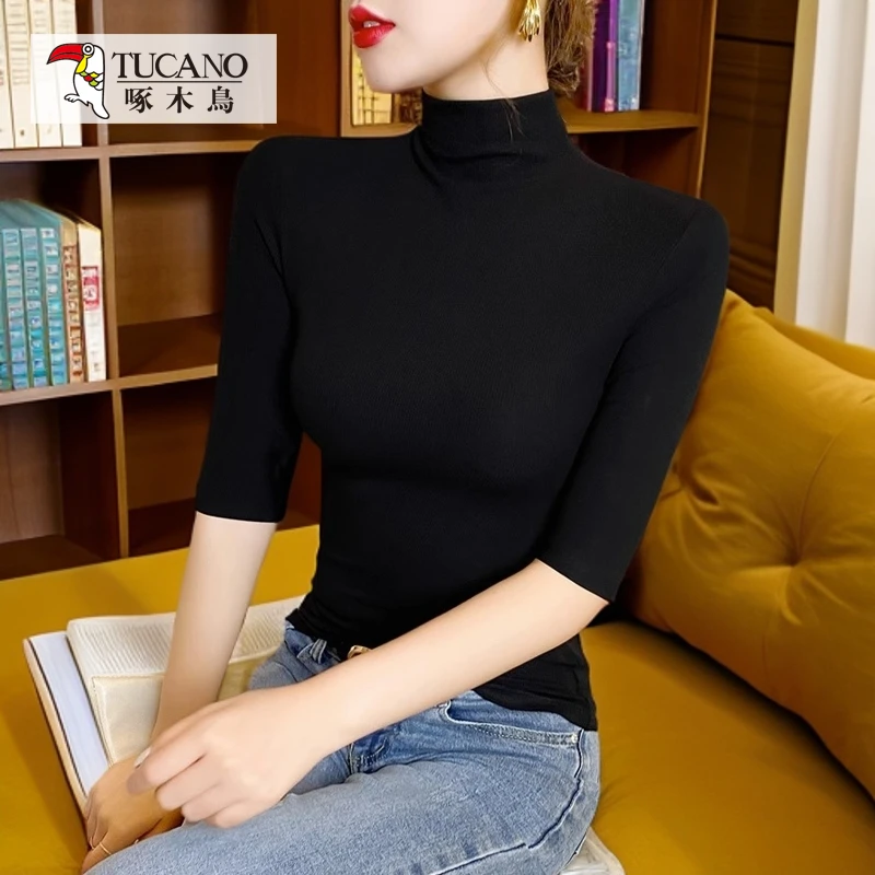 啄木鸟春秋黑色半高领中袖内搭T恤女士修身显瘦五分袖打底衫上衣
