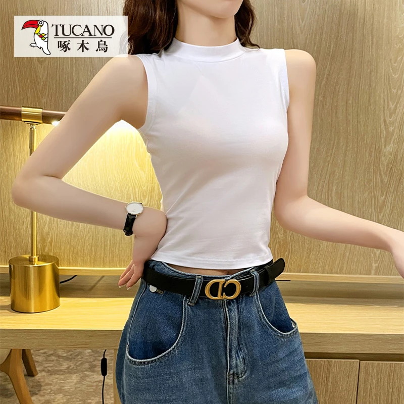 啄木鸟JS辣妹半高领小背心女外穿夏无袖T恤内搭修身显瘦打底上衣