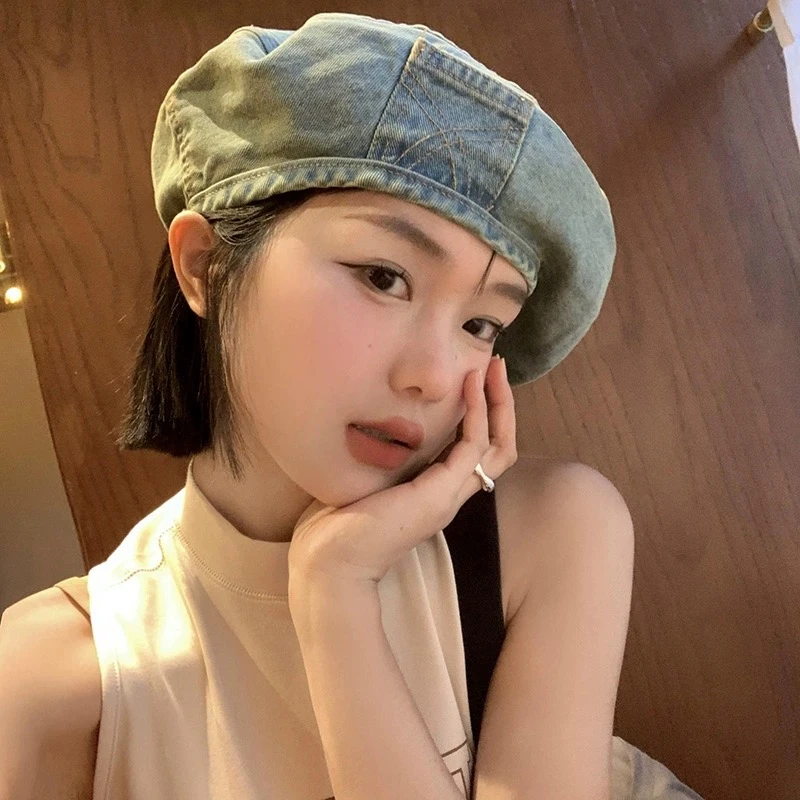 网红复古水洗牛仔贝雷帽女秋季大头围日系贝雷画家帽显脸小文艺