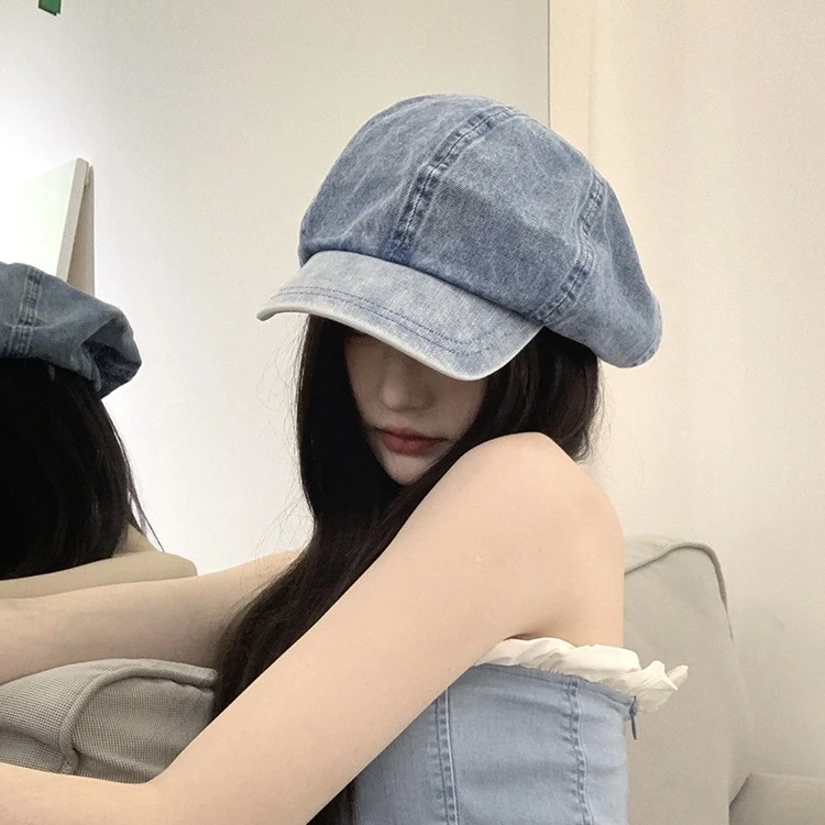日系复古牛仔贝雷帽女大头围百搭显脸小画家云朵帽文艺八角帽子潮