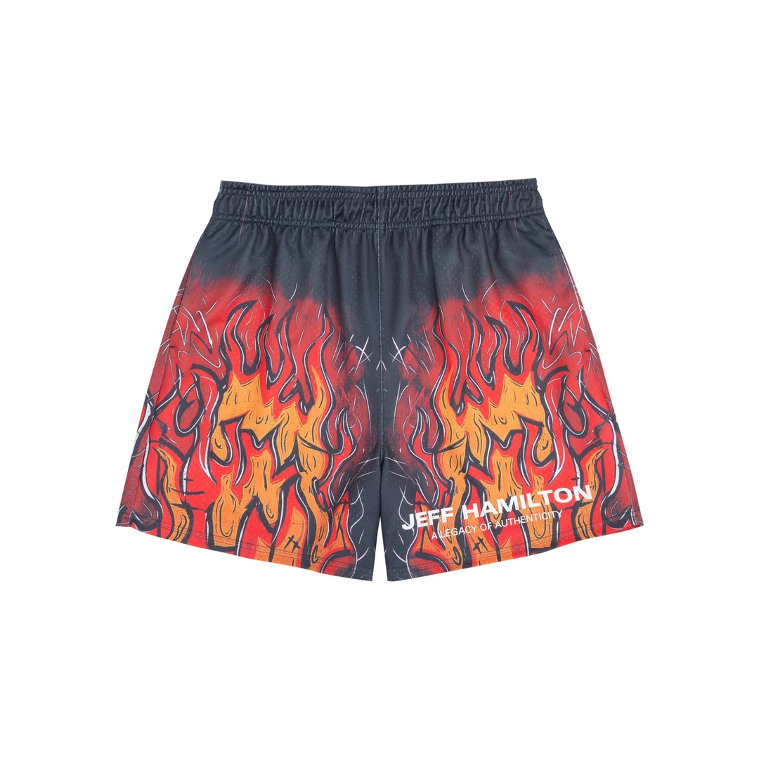 JEFF HAMILTON火焰涂鸦短裤男潮流时尚休闲抽绳印花