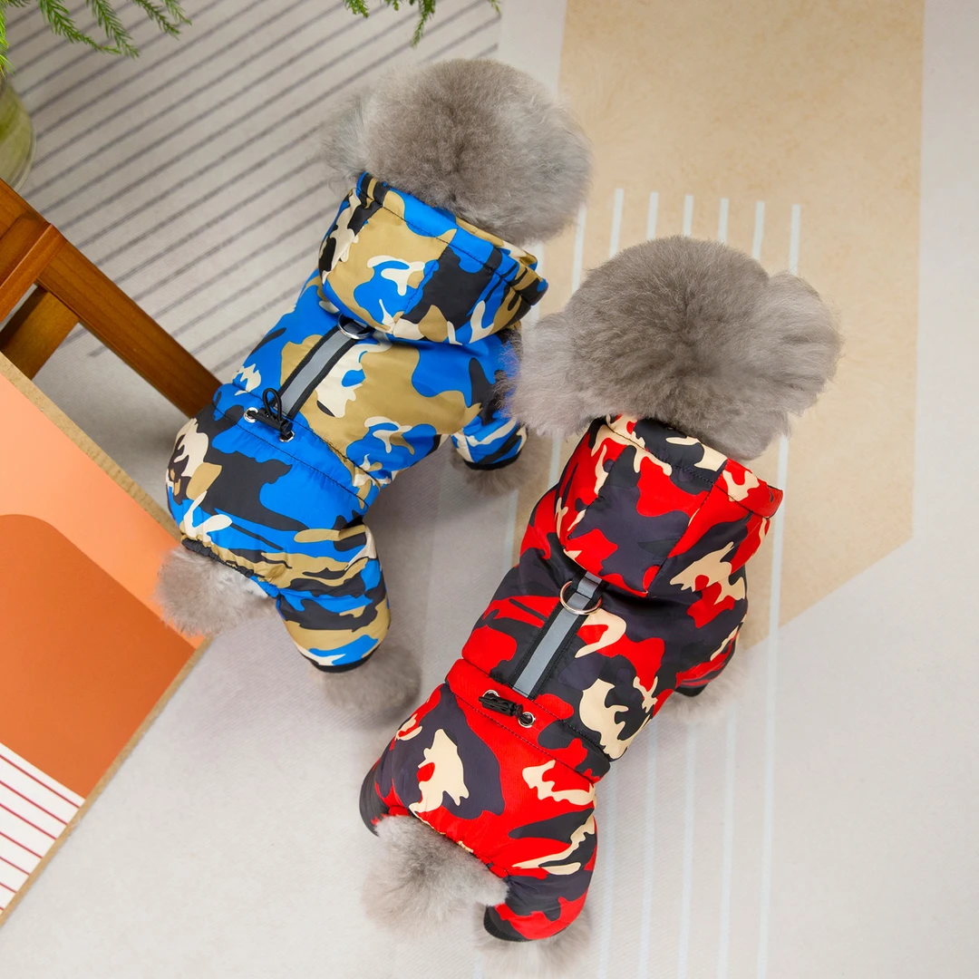 宠物衣服泰迪比熊博美狗狗服装冬季天加绒加厚保暖四脚迷彩棉衣