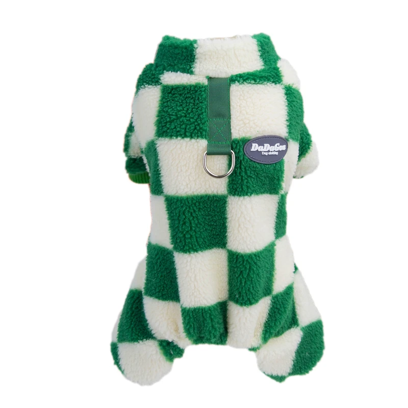泰迪衣服秋小体冬季加厚加绒四脚鹿犬格子博美雪纳瑞带牵引扣秋冬