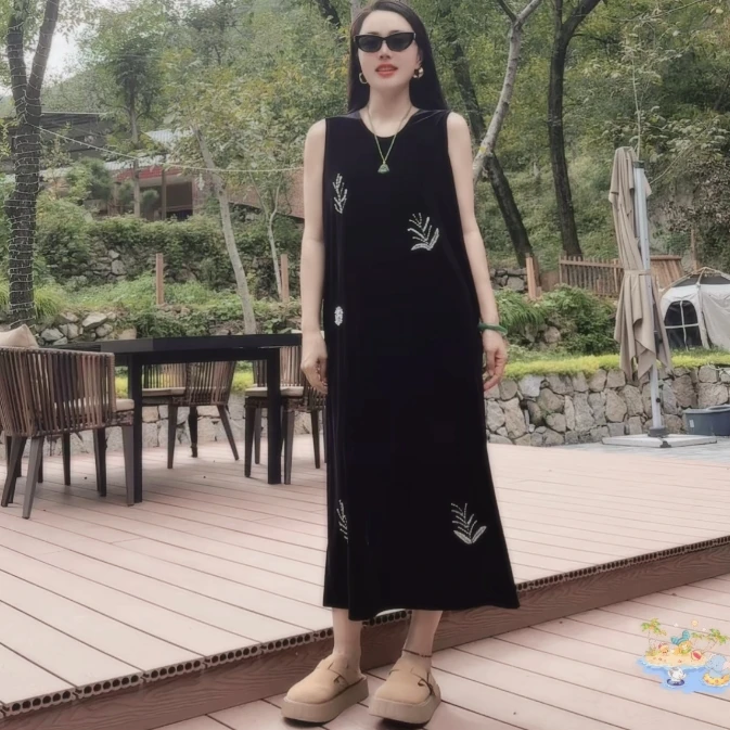 知善 芳华设计新中式复古丝绒裙国风重工手工钉珠长裙