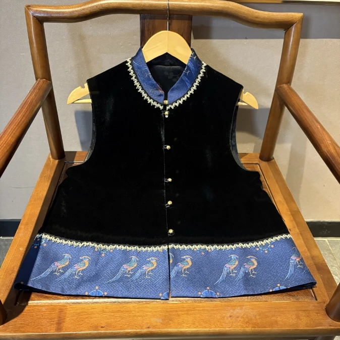 锦秋 芳华设计新中式复古丝绒马甲国风立领宽下拼色马甲