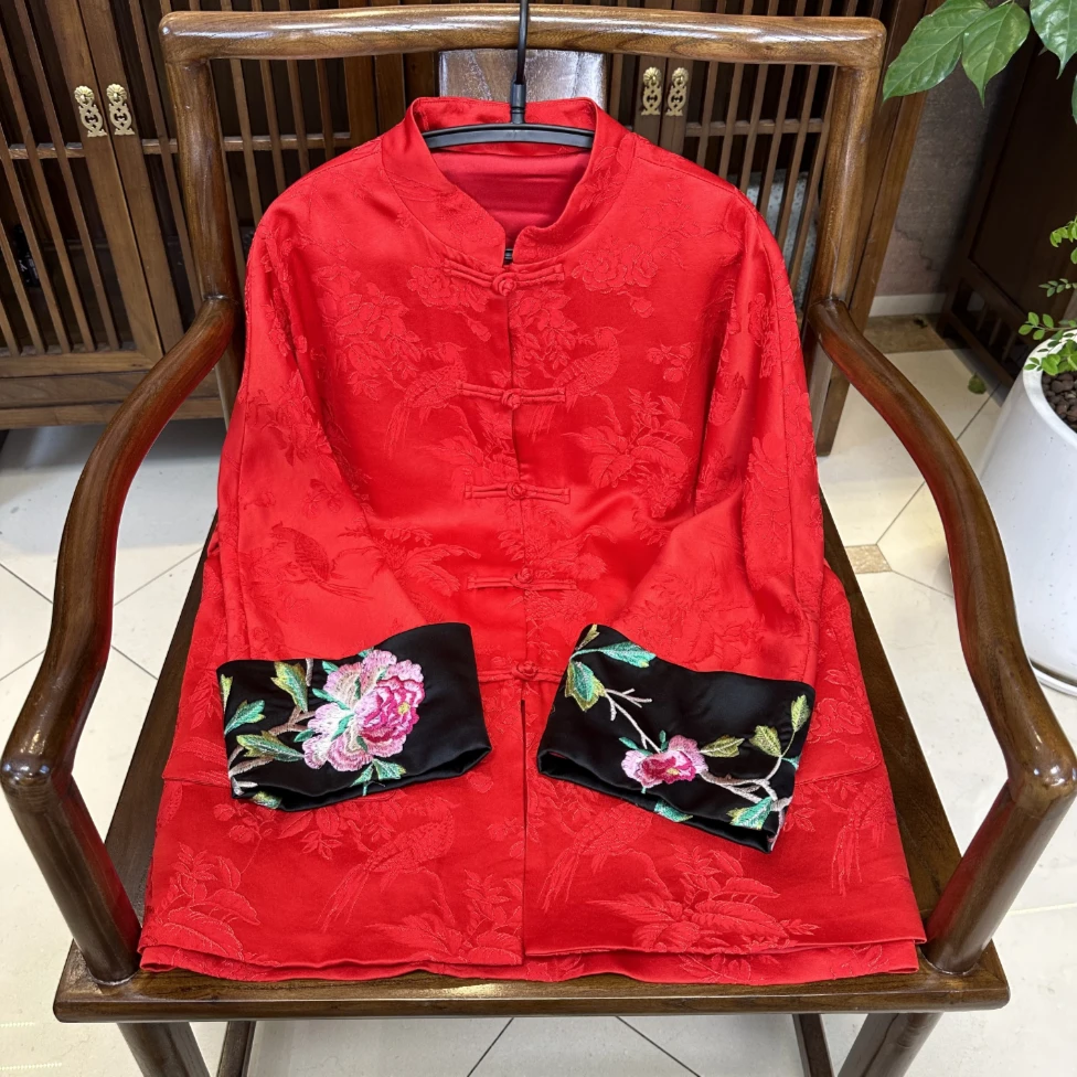 玉兔拜年服 芳华设计新中式国风红色拼接提花开衫上衣撞色外套
