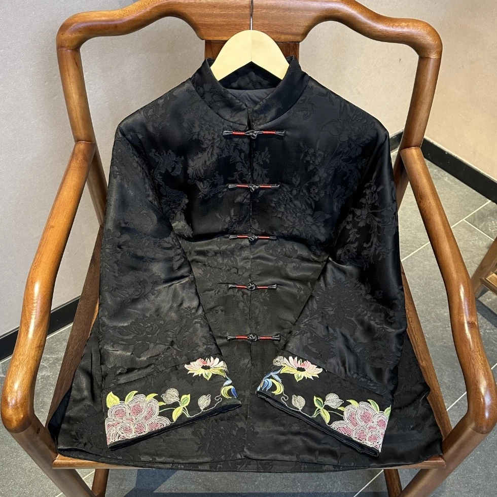 暖冬 1芳华设计新中式复古国风黑色提花棉服国风绣花拼接短款棉服