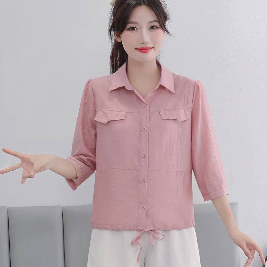 设计款春夏宽松系带衬衫洋气遮肉显瘦夏季时尚纯色减龄薄款衬衣