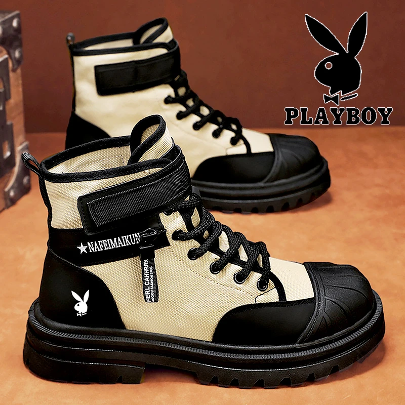 花花公子贝壳头马丁靴男夏春款帆布工装靴男高帮美式复古厚底短靴
