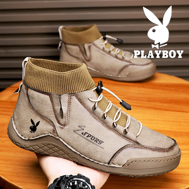 PLAYBOY高帮鞋子男鞋2025新款春冬季运动复古工装登山真皮马丁靴