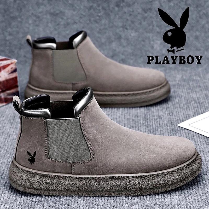 花花公子马丁靴男鞋2025新款软皮冬季英伦复古高帮一脚蹬工装靴子