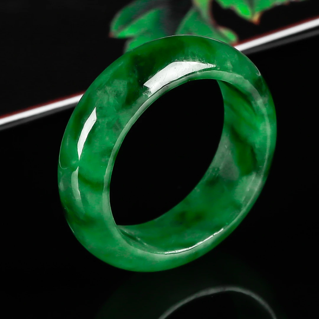 缅甸天然翡翠冰飘辣绿花戒指指环满绿飘花时尚精美满绿色精品戒圈