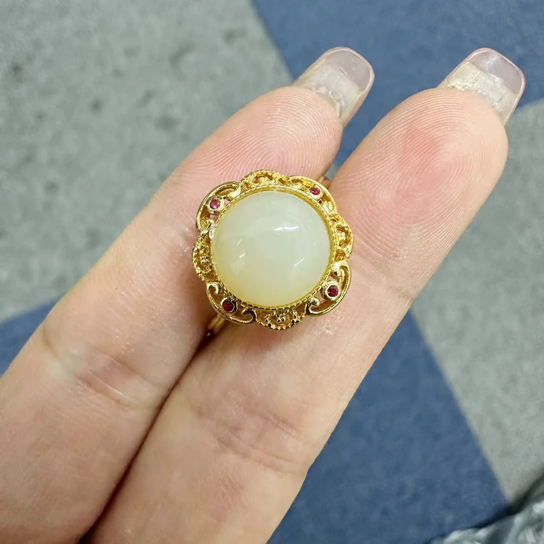 老老朱珠宝010429248-s925银镶嵌和田玉活口戒指含镶约15mm*15mm