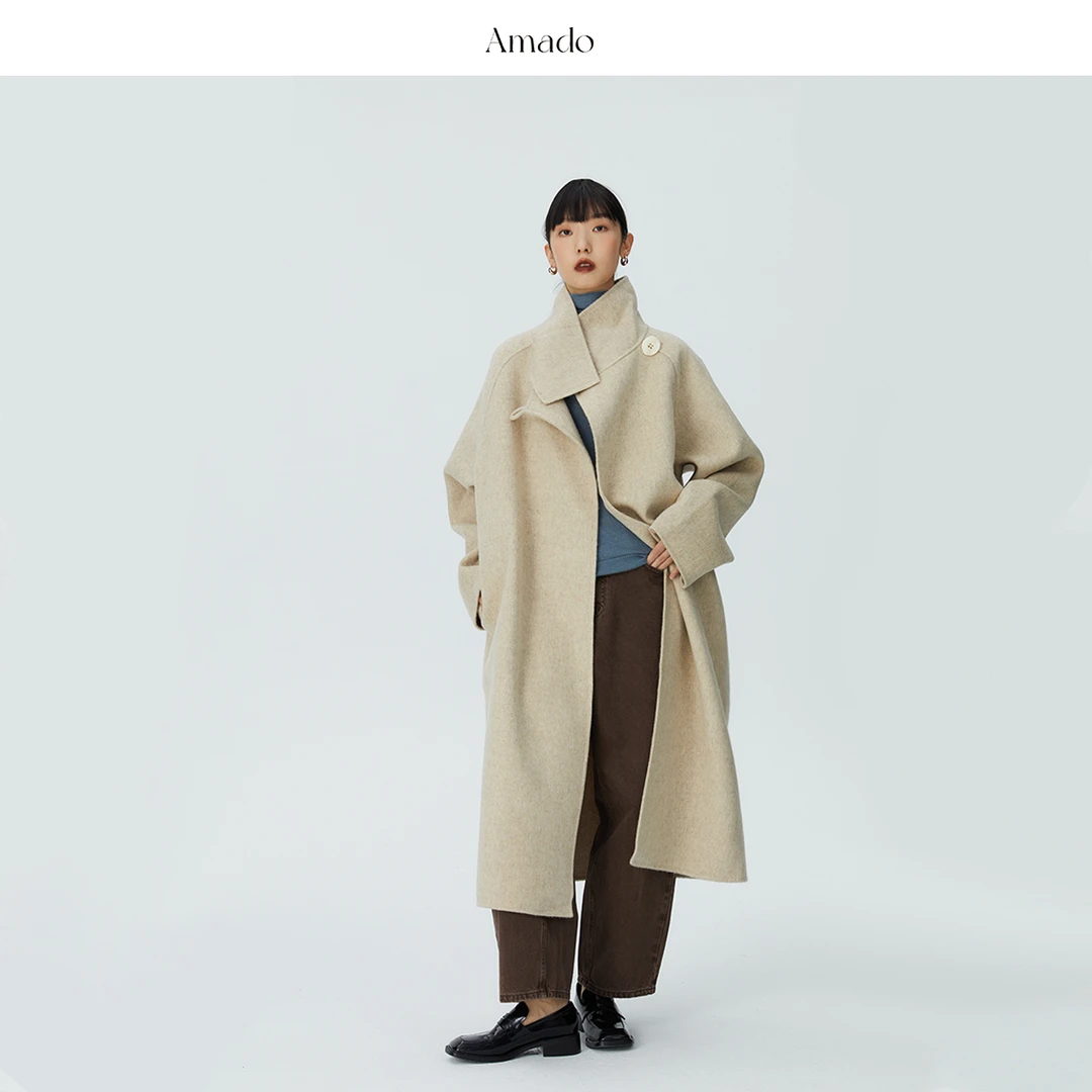 Amado 米色高领暗门双面呢大衣高级感羊毛外套