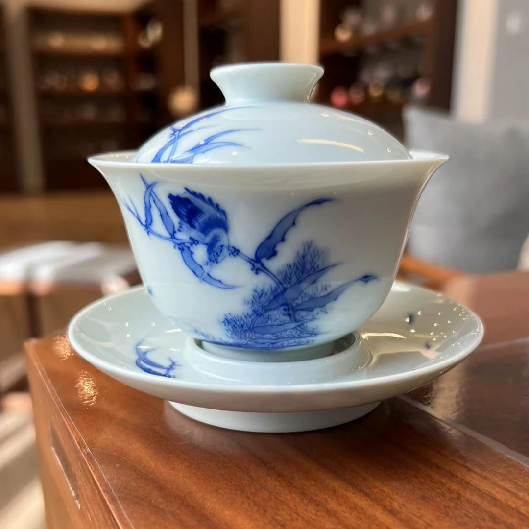 景德镇纯手绘青花单翠三才盖碗